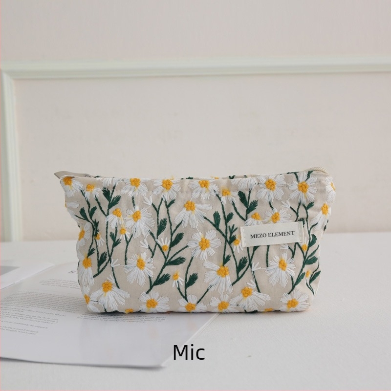 Geantă de cosmetice brodată, model floral, material din bumbac și in, căptușeală din bumbac