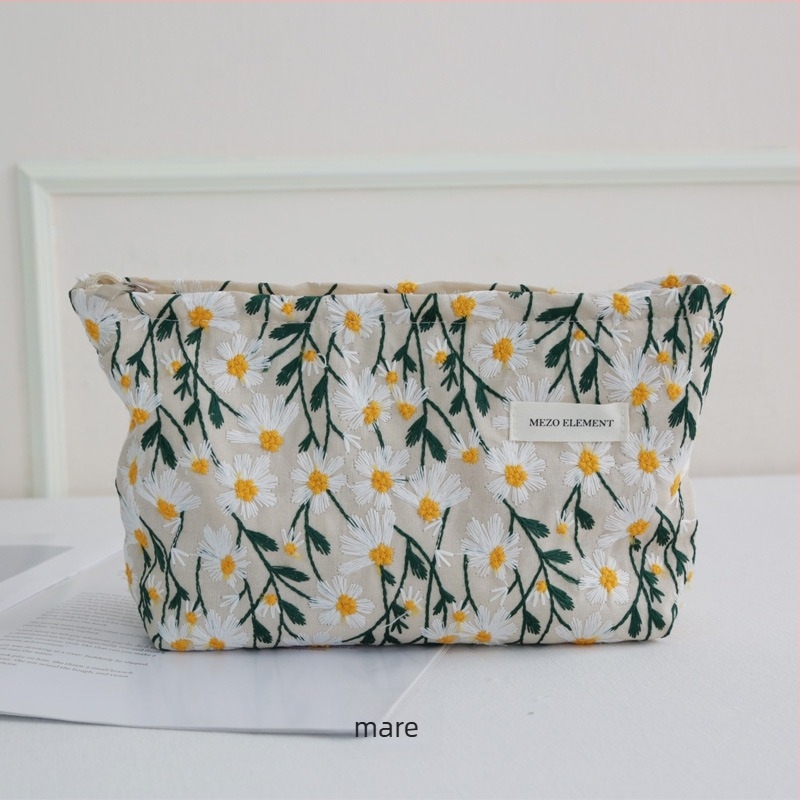 Geantă de cosmetice brodată, model floral, material din bumbac și in, căptușeală din bumbac