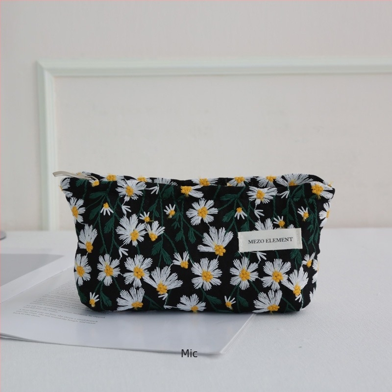 Geantă de cosmetice brodată, model floral, material din bumbac și in, căptușeală din bumbac