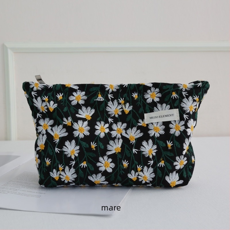 Geantă de cosmetice brodată, model floral, material din bumbac și in, căptușeală din bumbac