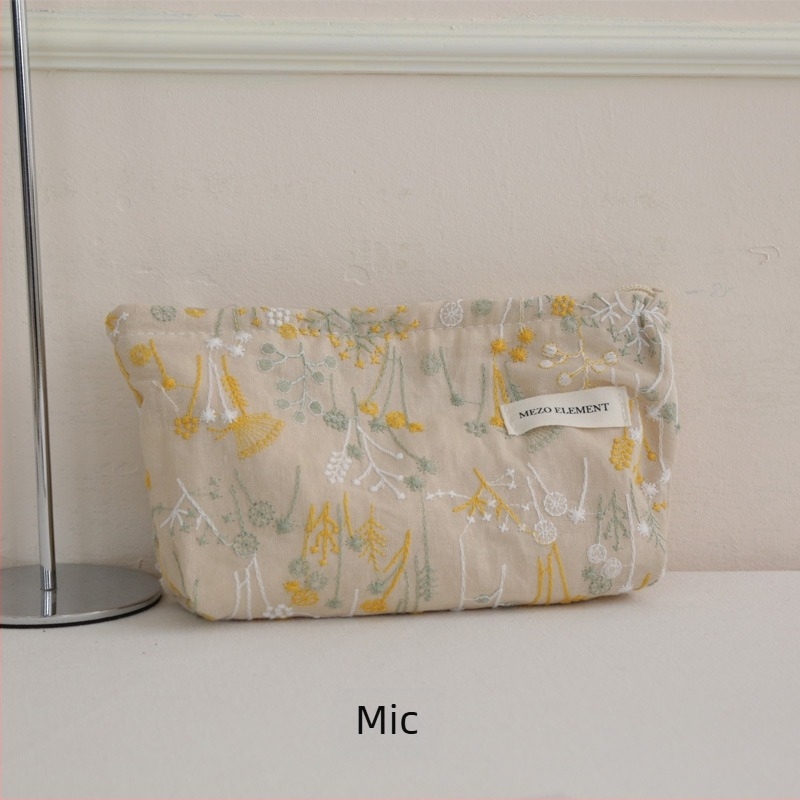 Geantă de cosmetice brodată, model floral, material din bumbac și in, căptușeală din bumbac