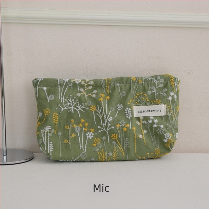 Geantă de cosmetice brodată, model floral, material din bumbac și in, căptușeală din bumbac