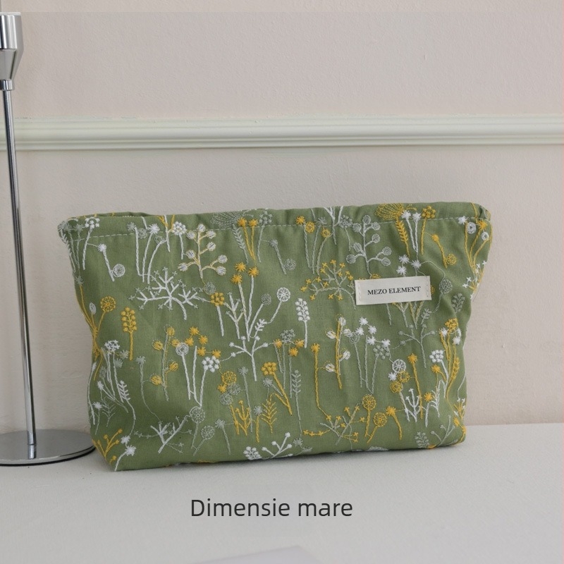 Geantă de cosmetice brodată, model floral, material din bumbac și in, căptușeală din bumbac