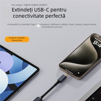 Cablu adaptor Type-C PD cu recunoaștere automată a intrării 5V/9V/20V, ieșire PD până la 140W, lungime cablu 17 cm