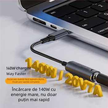 Cablu adaptor Type-C PD cu recunoaștere automată a intrării 5V/9V/20V, ieșire PD până la 140W, lungime cablu 17 cm