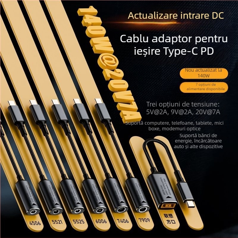 Cablu adaptor Type-C PD cu recunoaștere automată a intrării 5V/9V/20V, ieșire PD până la 140W, lungime cablu 17 cm