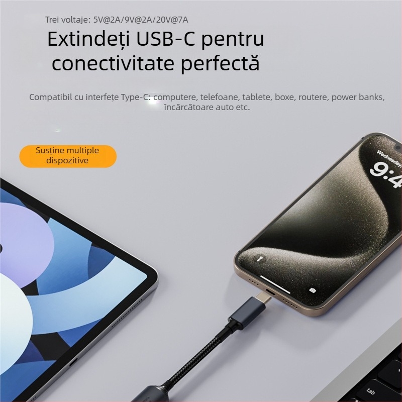 Cablu adaptor Type-C PD cu recunoaștere automată a intrării 5V/9V/20V, ieșire PD până la 140W, lungime cablu 17 cm