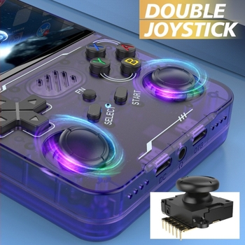 Consolă portabilă cu cod deschis și multiplayer Wi‑Fi, joystick retro, stil PSP; emulează MAME, N64, PS1, Neo Geo, GBA, FC/SFC/MD, CPS1–3; memorie 64GB/128GB; interfață USB; MP4 player; 2 jucători