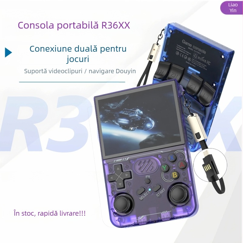 Consolă portabilă cu cod deschis și multiplayer Wi‑Fi, joystick retro, stil PSP; emulează MAME, N64, PS1, Neo Geo, GBA, FC/SFC/MD, CPS1–3; memorie 64GB/128GB; interfață USB; MP4 player; 2 jucători