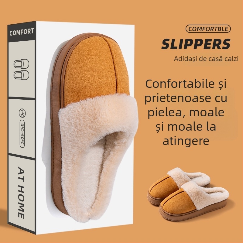 Papuci unisex din in, cu spate închis, pentru toamnă-iarna, calzi ca ghete de zăpadă, talpă PVC antiaderentă, căptușeală pufoasă