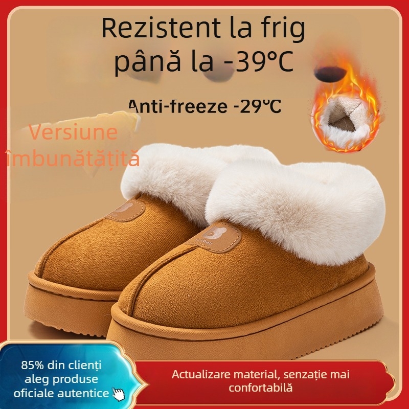 Papuci unisex din in, cu spate închis, pentru toamnă-iarna, calzi ca ghete de zăpadă, talpă PVC antiaderentă, căptușeală pufoasă