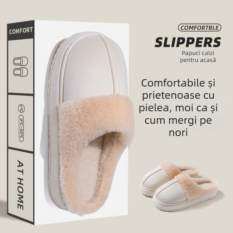 Papuci unisex din in, cu spate închis, pentru toamnă-iarna, calzi ca ghete de zăpadă, talpă PVC antiaderentă, căptușeală pufoasă
