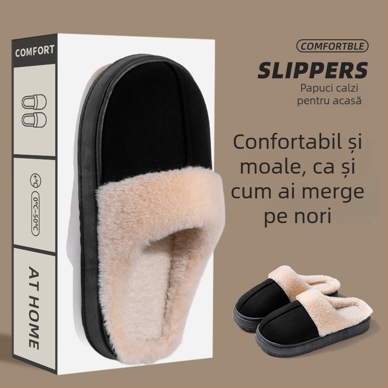 Papuci unisex din in, cu spate închis, pentru toamnă-iarna, calzi ca ghete de zăpadă, talpă PVC antiaderentă, căptușeală pufoasă