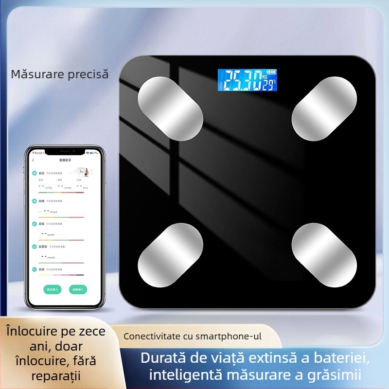 Cântar inteligent pentru grăsime corporală cu Bluetooth, afișaj LED, operare prin atingere, ABS plastic, alimentat cu baterie