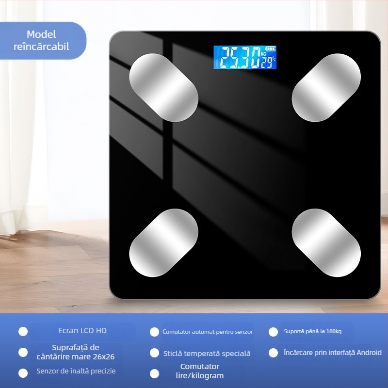 Cântar inteligent pentru grăsime corporală cu Bluetooth, afișaj LED, operare prin atingere, ABS plastic, alimentat cu baterie