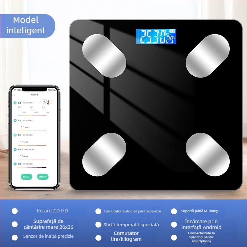 Cântar inteligent pentru grăsime corporală cu Bluetooth, afișaj LED, operare prin atingere, ABS plastic, alimentat cu baterie