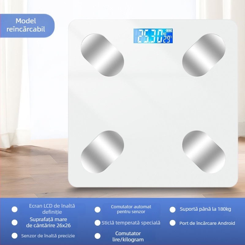 Cântar inteligent pentru grăsime corporală cu Bluetooth, afișaj LED, operare prin atingere, ABS plastic, alimentat cu baterie