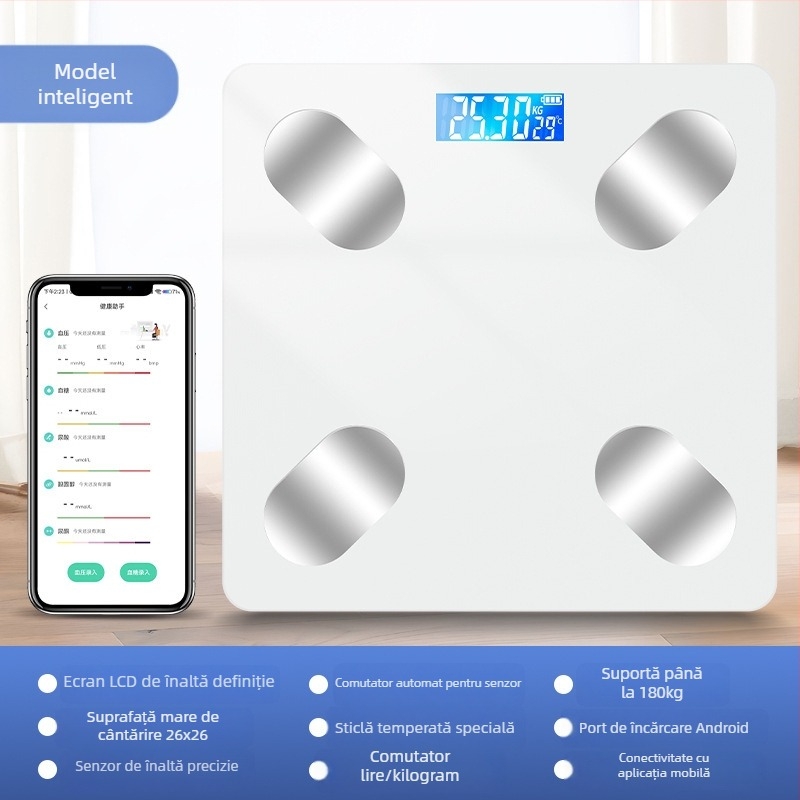 Cântar inteligent pentru grăsime corporală cu Bluetooth, afișaj LED, operare prin atingere, ABS plastic, alimentat cu baterie