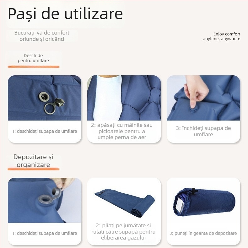 Pat gonflabil pentru camping cu pompă cu pedală – greutate 860 g; sarcină maximă 150 kg; material suprafață 70D TPU acoperire