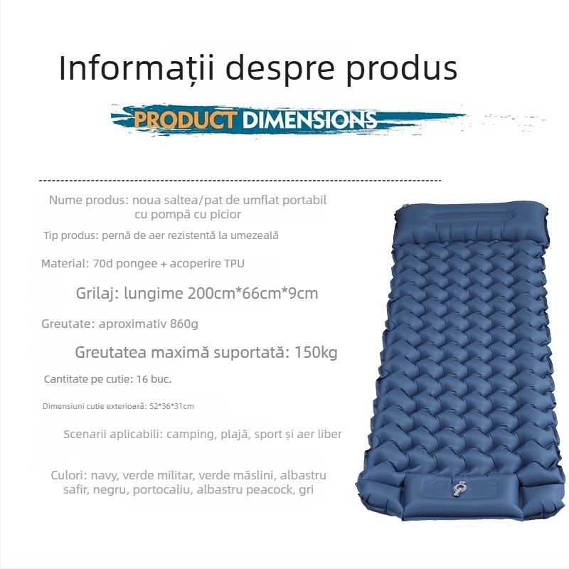 Pat gonflabil pentru camping cu pompă cu pedală – greutate 860 g; sarcină maximă 150 kg; material suprafață 70D TPU acoperire