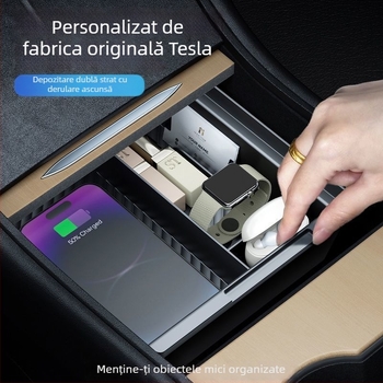 Cap din plastic pentru consola centrală, Tesla Model Y și Model 3; capac pentru compartimentul de la cotieră; spațiu privat de depozitare; nepersonalizabil