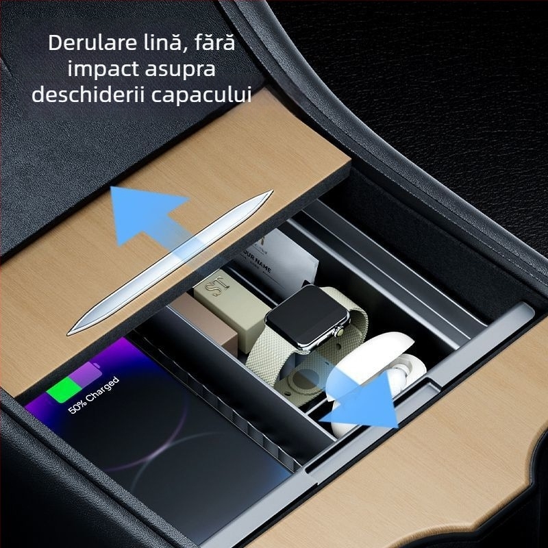 Cap din plastic pentru consola centrală, Tesla Model Y și Model 3; capac pentru compartimentul de la cotieră; spațiu privat de depozitare; nepersonalizabil