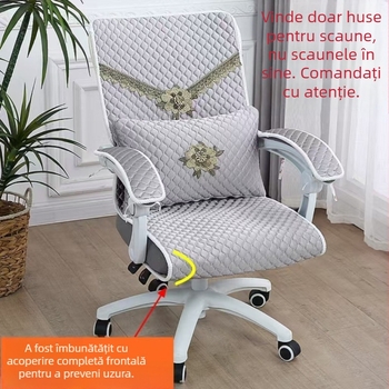 Husă pentru scaun de birou cu pernă pentru șezut și spate, capitonare patru anotimpuri, protecție pentru brațe, model geometric, umplutură din puf mătase-bumbac
