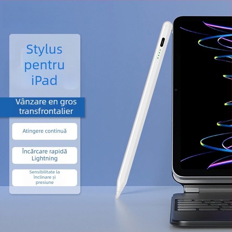 Stylus capacitiv cu indicator de lumină pentru iPad și dispozitive tactile Android/Windows; pachet include: stylus, manual, cablu USB, 2 vârfuri