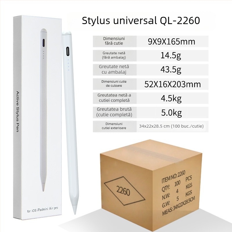 Stylus capacitiv cu indicator de lumină pentru iPad și dispozitive tactile Android/Windows; pachet include: stylus, manual, cablu USB, 2 vârfuri