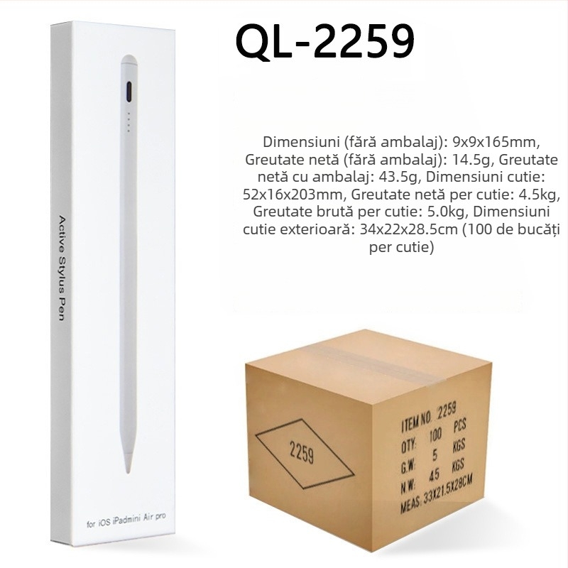 Stylus capacitiv cu indicator de lumină pentru iPad și dispozitive tactile Android/Windows; pachet include: stylus, manual, cablu USB, 2 vârfuri