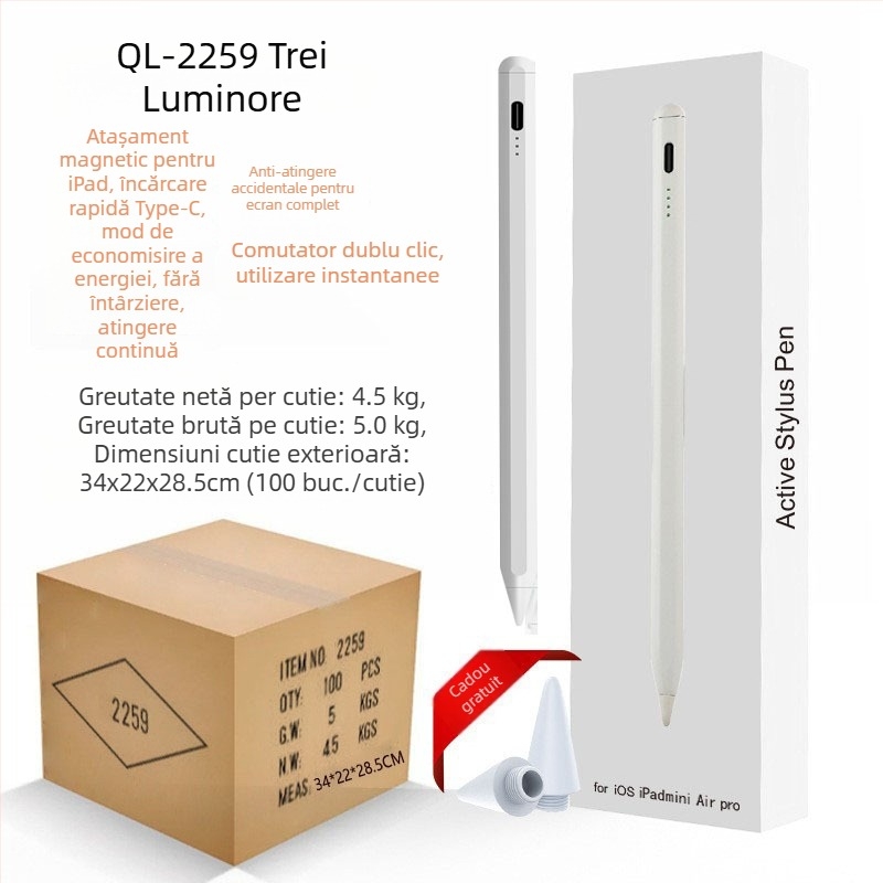 Stylus capacitiv cu indicator de lumină pentru iPad și dispozitive tactile Android/Windows; pachet include: stylus, manual, cablu USB, 2 vârfuri