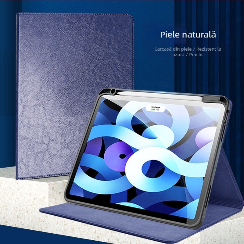 Husă din piele naturală pentru iPad Air 4, iPad Pro 11/12.9 și iPad mini 6 – funcție Sleep/Wake, rezistentă la șocuri, suport încorporat, disipare a căldurii, anti-uzură, anti-amprente; confecționată prin presare la cald