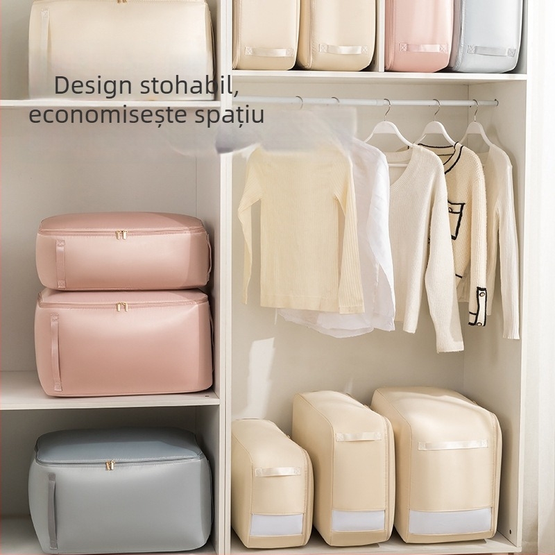 Geantă de depozitare pentru pătură, Geantă de comprimare vizuală, formă cub, material satin, organizator de haine multifuncțional