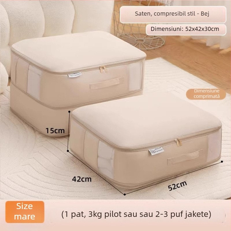 Geantă de depozitare pentru pătură, Geantă de comprimare vizuală, formă cub, material satin, organizator de haine multifuncțional
