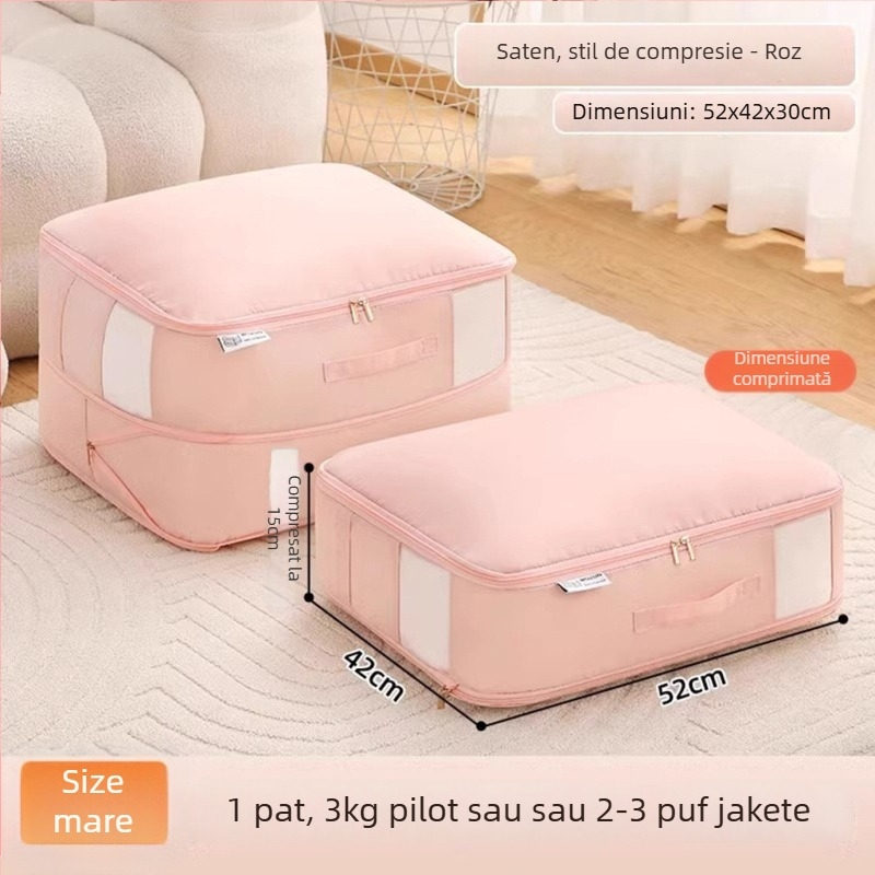 Geantă de depozitare pentru pătură, Geantă de comprimare vizuală, formă cub, material satin, organizator de haine multifuncțional