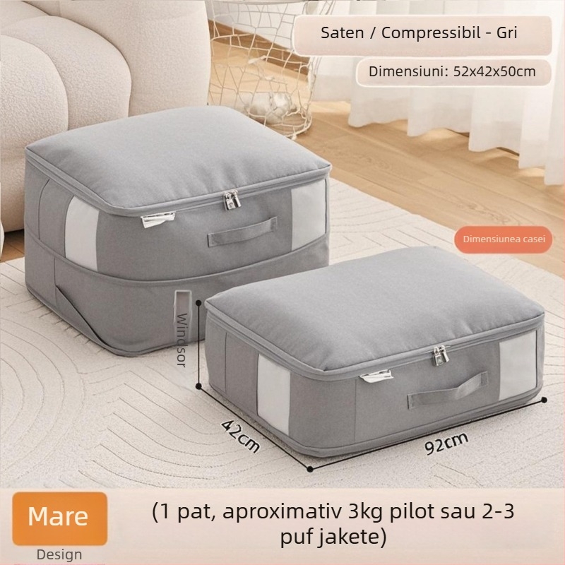 Geantă de depozitare pentru pătură, Geantă de comprimare vizuală, formă cub, material satin, organizator de haine multifuncțional