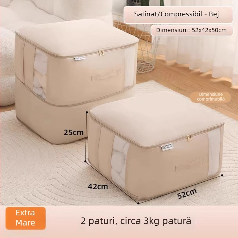 Geantă de depozitare pentru pătură, Geantă de comprimare vizuală, formă cub, material satin, organizator de haine multifuncțional