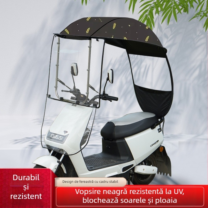 Protecție solară pentru vehicul electric cu țesătură poliester 210T, ramă din fibră, deschidere manuală, UPF >40, impermeabil