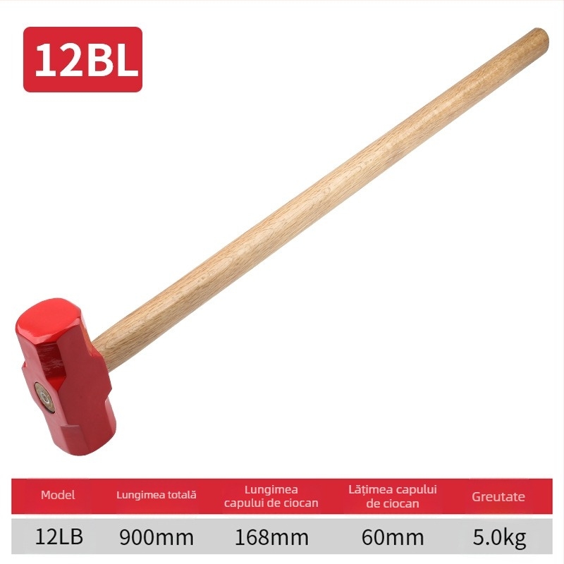 Ciocan octagonal cu cap din oțel carbon înalt și mâner din lemn, pentru uz casnic sau atelier (Cap din oțel carbon înalt; Mâner din lemn; Utilizare percuție)