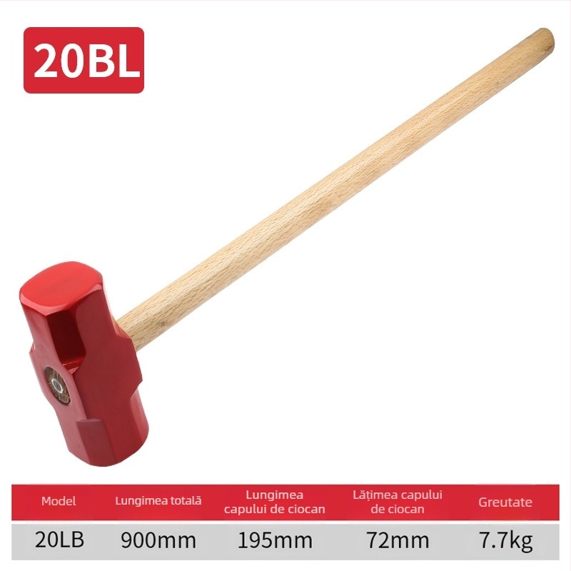 Ciocan octagonal cu cap din oțel carbon înalt și mâner din lemn, pentru uz casnic sau atelier (Cap din oțel carbon înalt; Mâner din lemn; Utilizare percuție)