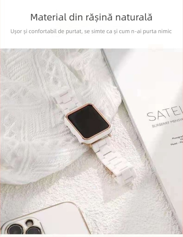 Brățară din rășină pentru Apple Watch, generația a 11-a, cu curea cu trei mărgele și husă protectoare PC cu folie temperată, la modă