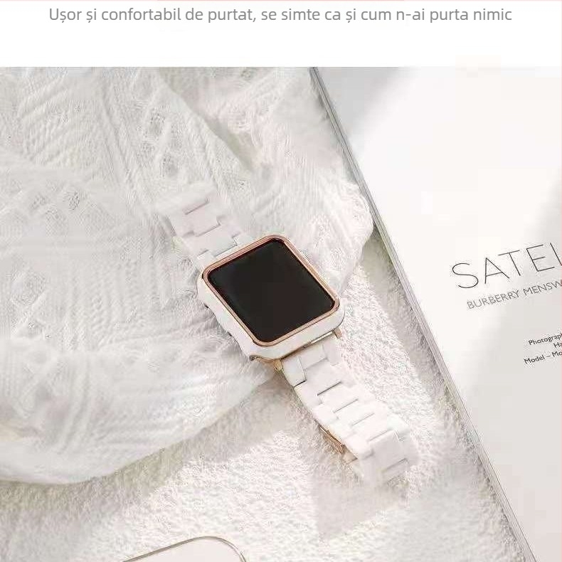 Brățară din rășină pentru Apple Watch, generația a 11-a, cu curea cu trei mărgele și husă protectoare PC cu folie temperată, la modă