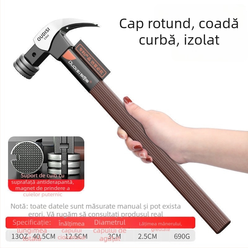 Ciocan cu mâner izolat pentru electricieni, cu cap din oțel cu carbon înalt, industrial-grade, pentru îndepărtarea cuiurilor și tâmplărie