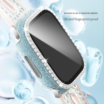 Carcasă de protecție pentru Apple Watch din PC și piele, folie de ecran temperată, diamante într-un singur rând, compatibil cu Apple Watch Seria 4–9 și SE