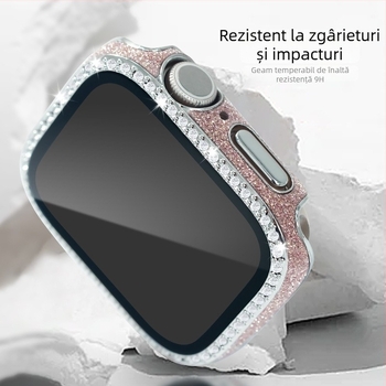 Carcasă de protecție pentru Apple Watch din PC și piele, folie de ecran temperată, diamante într-un singur rând, compatibil cu Apple Watch Seria 4–9 și SE