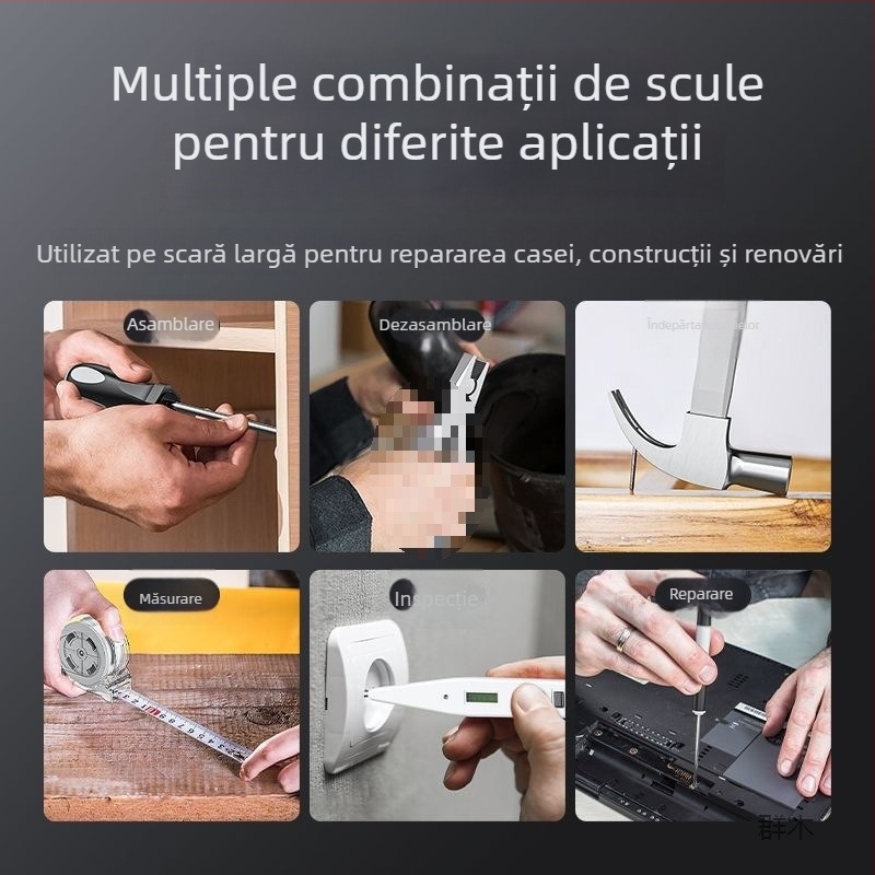 Set de unelte pentru reparații casnice, cu trusă de unelte montată în mașină, din oțel carbon, 81-100 piese