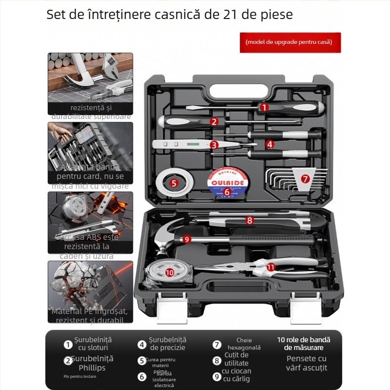 Set de unelte pentru reparații casnice, cu trusă de unelte montată în mașină, din oțel carbon, 81-100 piese