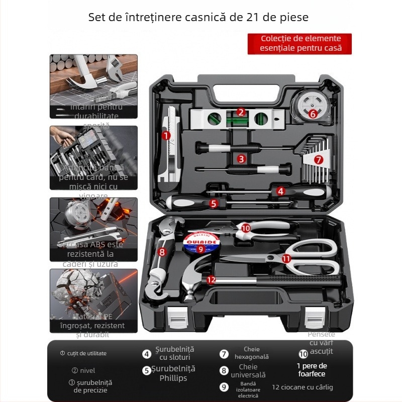 Set de unelte pentru reparații casnice, cu trusă de unelte montată în mașină, din oțel carbon, 81-100 piese