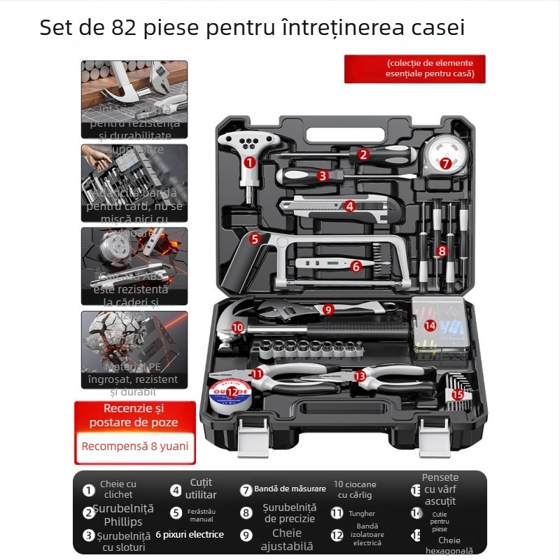 Set de unelte pentru reparații casnice, cu trusă de unelte montată în mașină, din oțel carbon, 81-100 piese