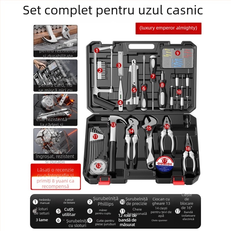 Set de unelte pentru reparații casnice, cu trusă de unelte montată în mașină, din oțel carbon, 81-100 piese